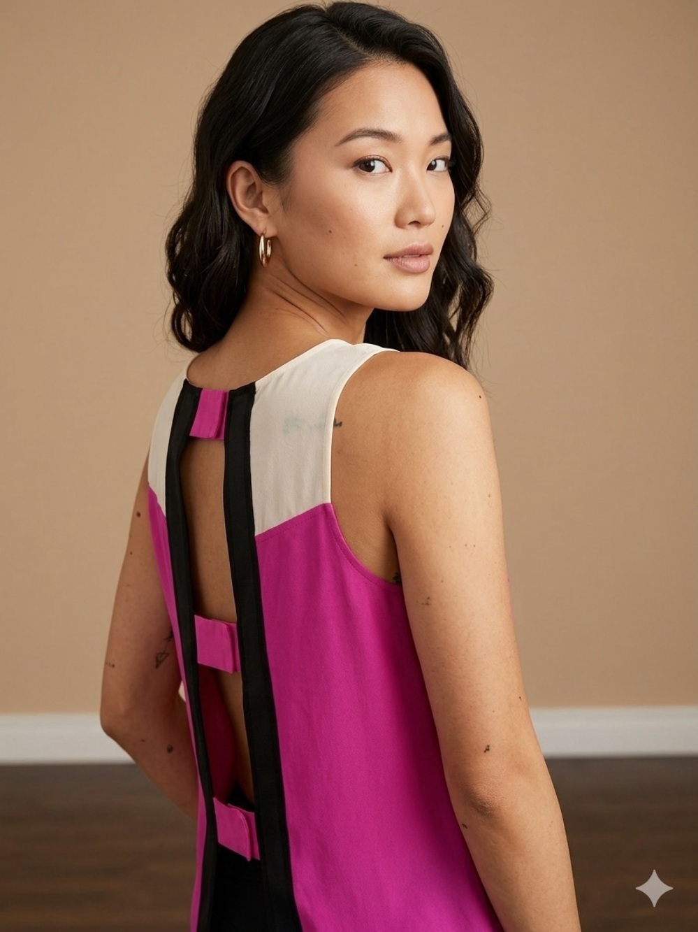 Aryn K Colorblock Open Cutout Back Pure Silk Tank Top Pink Colourblock S
